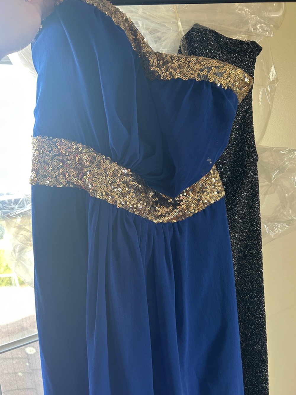 Dainty Hooligan Royal Blue Strapless Dress with Gold Sequin Trim